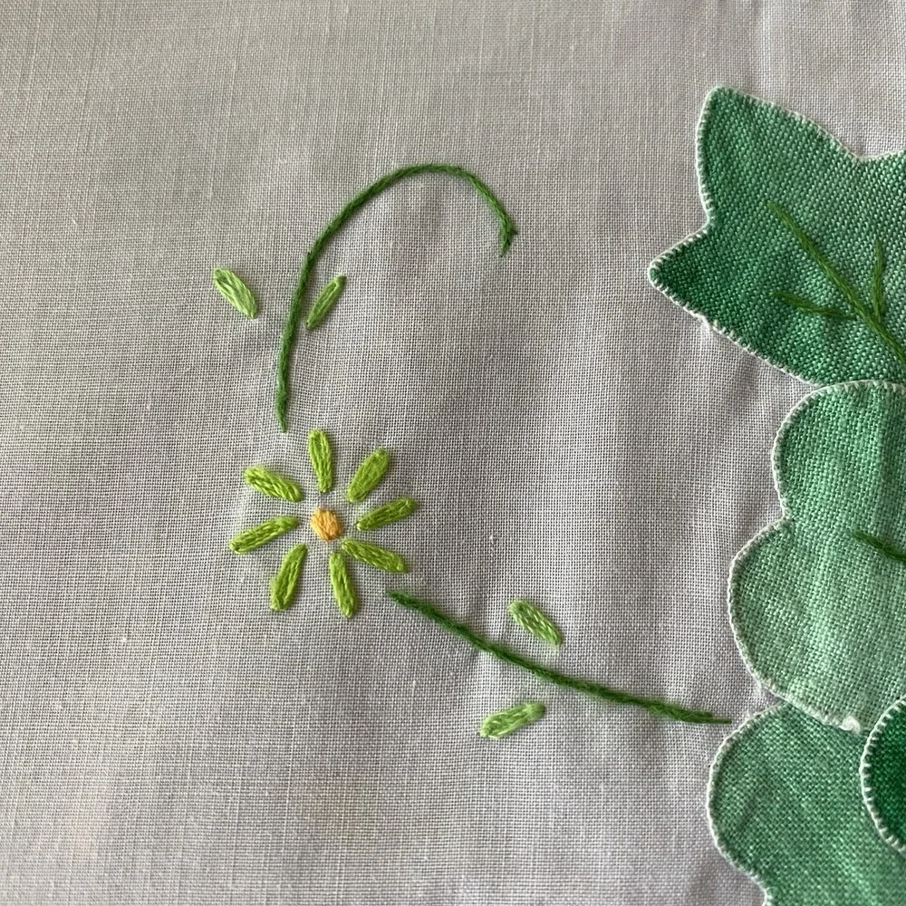 Vintage 70s Hand Sewn Embroidered Applique Floral Tablecloth 70x88